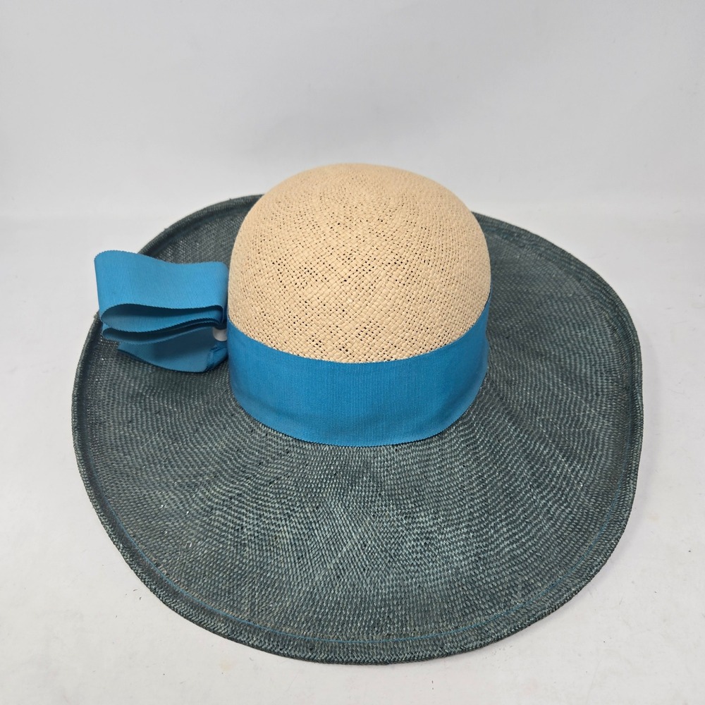 Sonni San Francisco Vintage Wide Brim Straw Sun Hat Blue Teal Two Tone Bow
